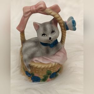 Vintage 1950's Cat in Basket with pink blanket bell | Made in Sri Lanka  JSNY